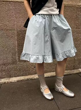 韩系夏季新款小众设计木耳边阔腿五分休闲裤宽松百搭显瘦中裤潮