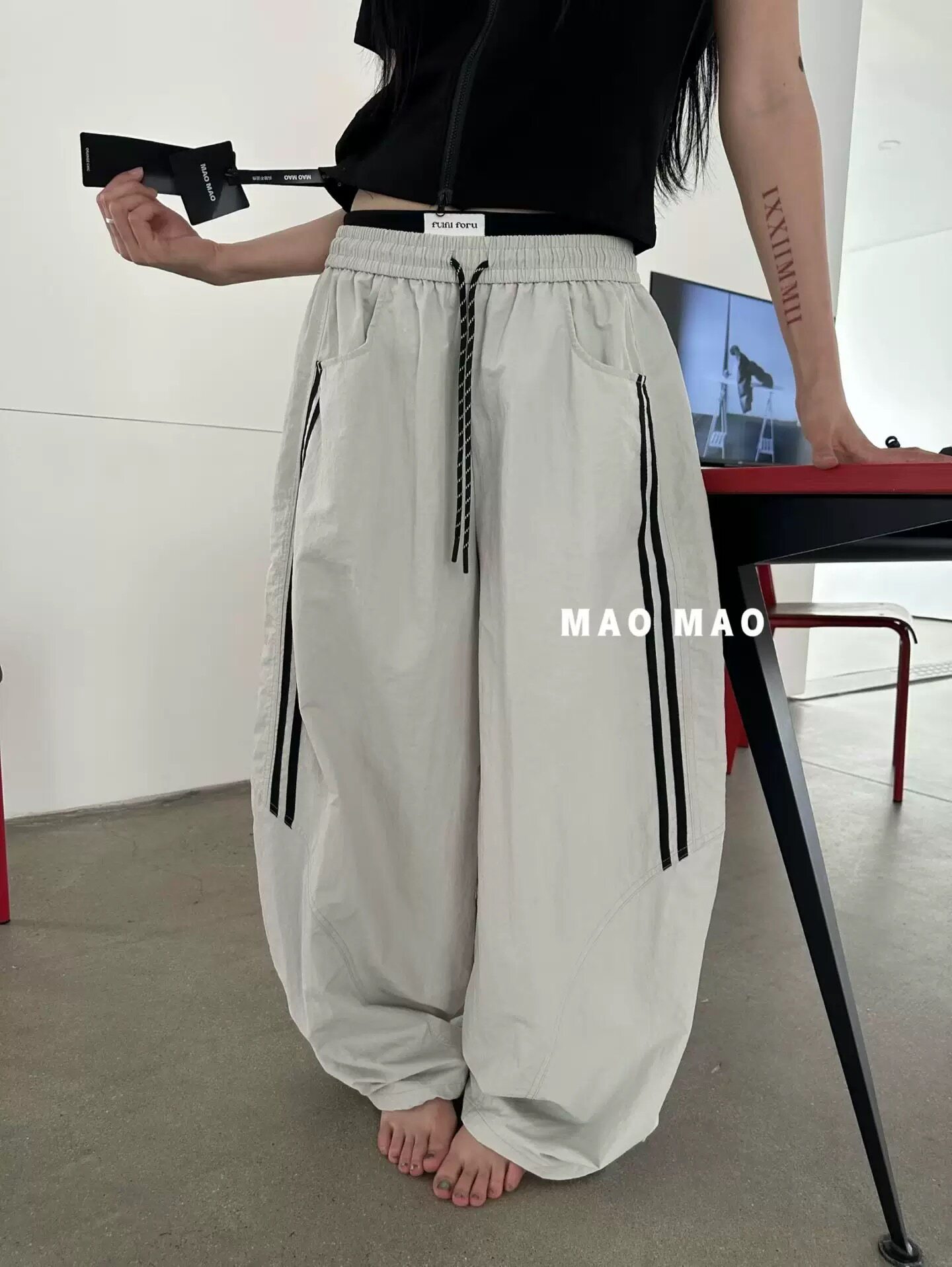 Maomao夏季新款女装冰丝速干工装裤薄款束脚阔腿高腰休闲裤运动裤