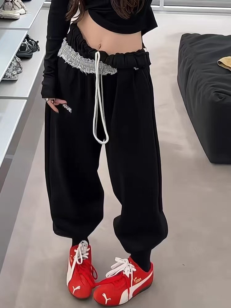 美式复古抽绳加绒设计感休闲裤冬新款宽松显瘦百搭束脚运动卫裤潮,女装/女士精品,休闲裤,淘宝优惠券,粉丝福利购,淘宝优惠卷