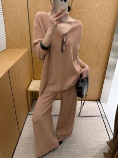 2026韩版春夏新款极简懒惰风套装针织华夫格v领上衣+阔腿裤两件套