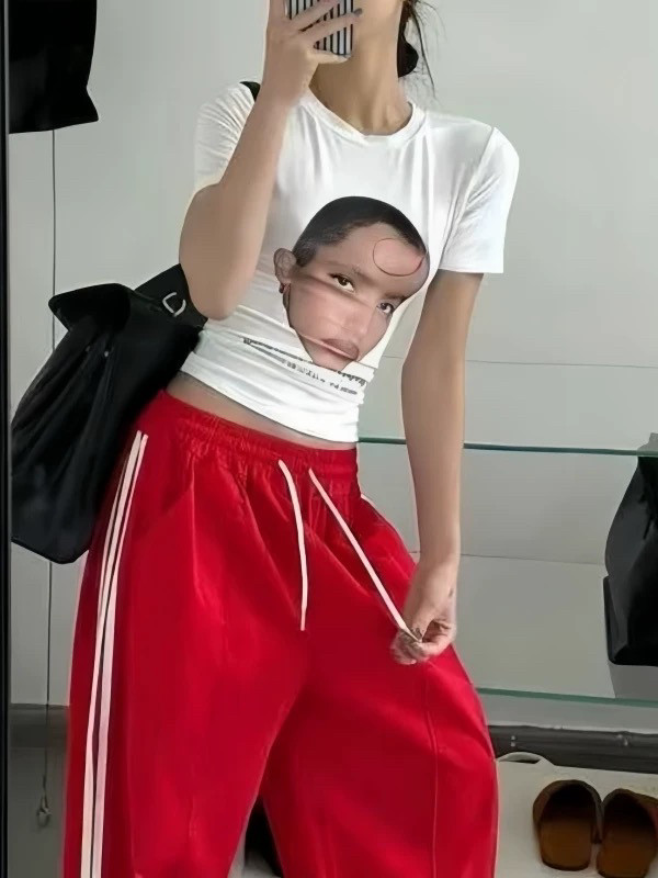 2025春夏新款韩版人像印花美式辣妹修身短款短袖T恤女潮