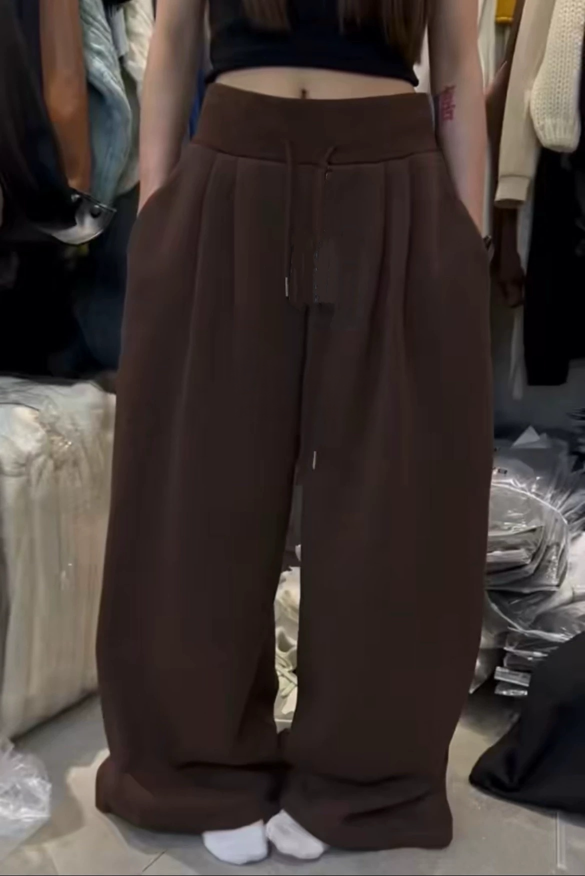 冬季新款加绒加厚卫裤女宽松抽绳束脚休闲运动阔腿裤直筒拖地长裤