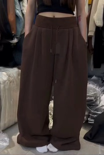 冬季新款加绒加厚卫裤女宽松抽绳束脚休闲运动阔腿裤直筒拖地长裤