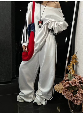25秋季新款韩版宽松休闲斜肩三杠卫衣+高腰显瘦阔腿裤两件套套装
