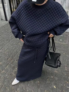 韩系秋冬新款宽松休闲复古菱格夹棉套装女圆领卫衣+半身裙两件套