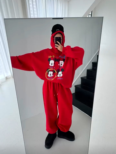 韩系冬季新款加绒加厚连帽卡通卫衣套装女宽松显瘦休闲阔腿长裤子