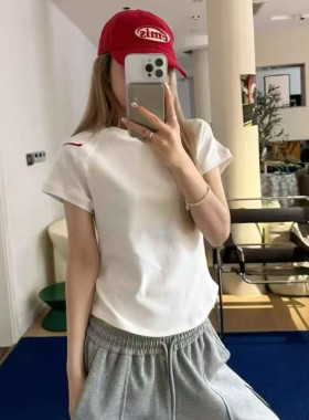韩系夏新简约刺绣字母短袖修身T恤女小众百搭休闲显瘦圆下摆上衣
