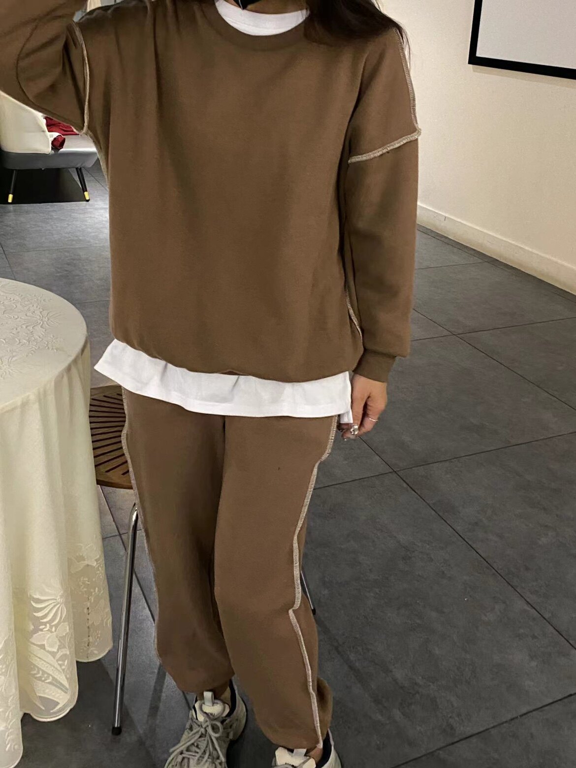 美式街头纯色加绒明线卫衣男女潮牌宽松显瘦保暖运动卫裤休闲套装