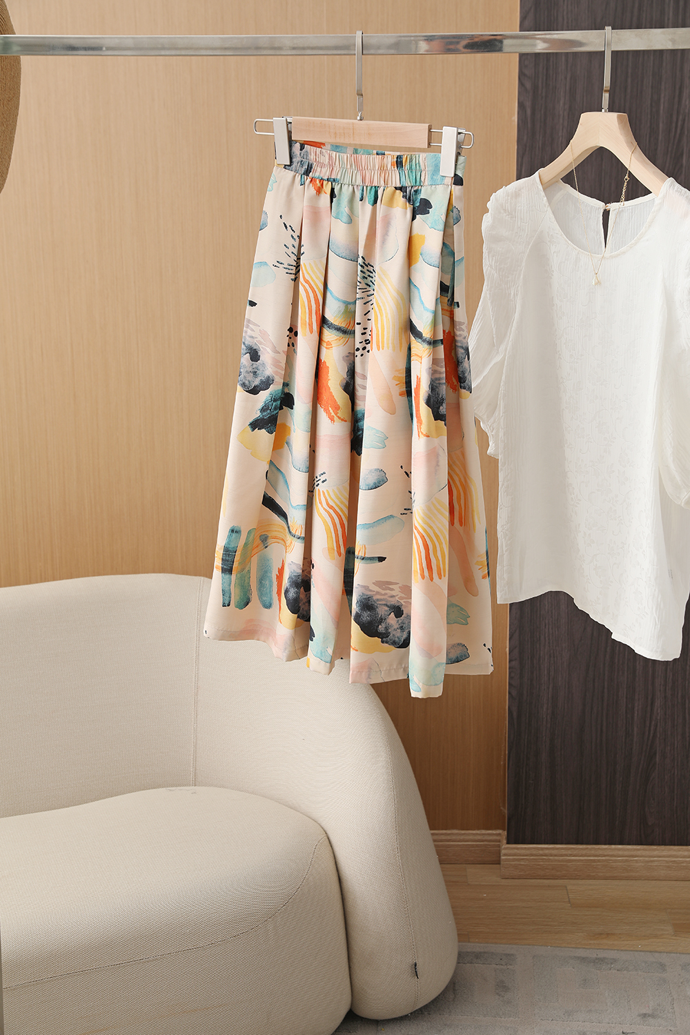 印花显瘦高腰A字裙半身裙中长裙