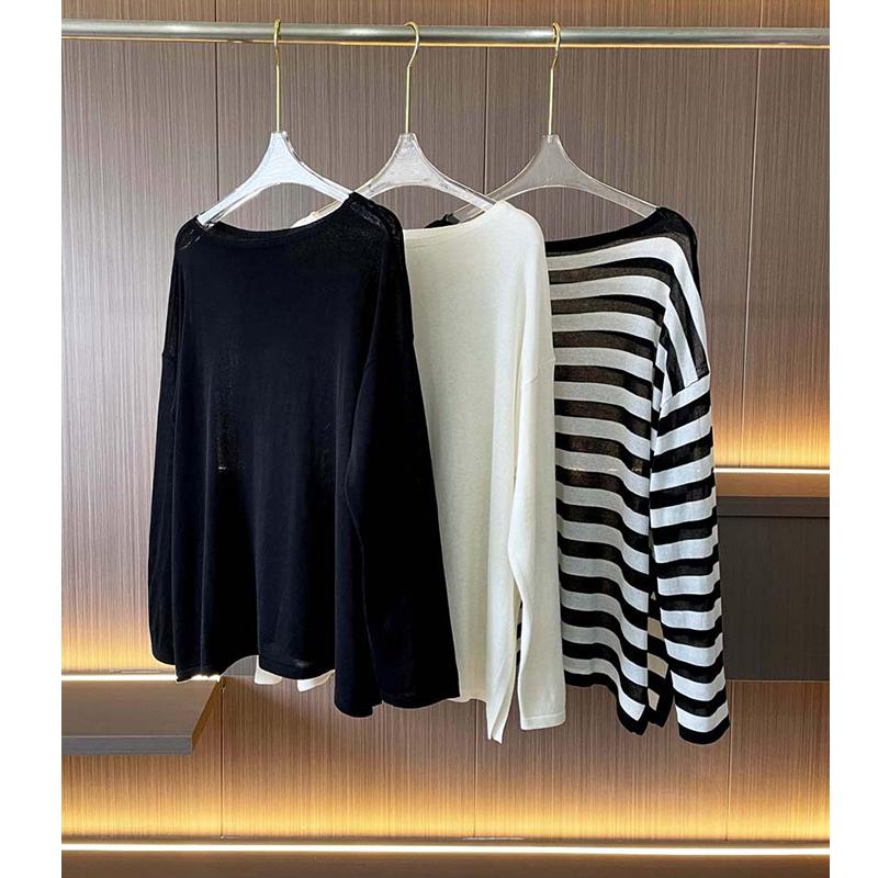 套头圆领叠穿条纹显瘦上衣
