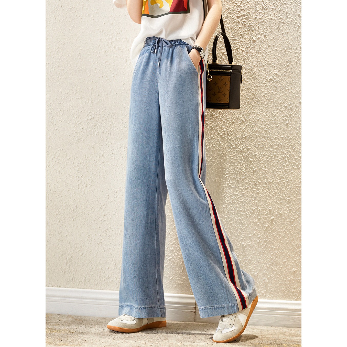 莱赛尔双杠阔腿裤长裤薄款牛仔裤