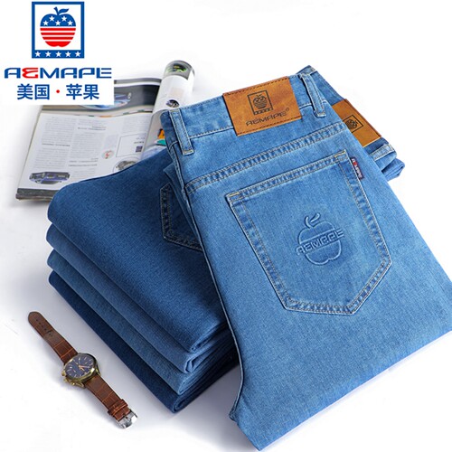 正品美国苹果牛仔裤男士高腰宽松直筒经典纯棉长裤中老年爸爸裤子