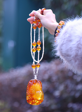 和合大仙人 原创古董超大天然花珀 手链戒指毛衣链国风新中式套装