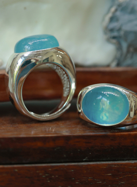 和合大仙人 原创设计自制 清泉石上流 S925银 极简海蓝宝开口戒指