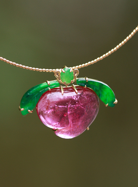 和合大仙人 轻奢故宫同款 18K金天然翡翠古董碧玺 国风小桃子吊坠