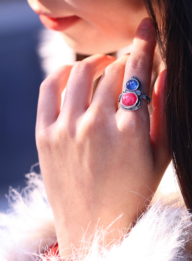 和合大仙人 特价包邮 纯天然红蓝宝石明式葫芦开口戒 s925银戒指