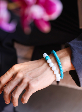 和合大仙人 天然和田白玉古董创汇绿松石手串手链 特价福利男女款