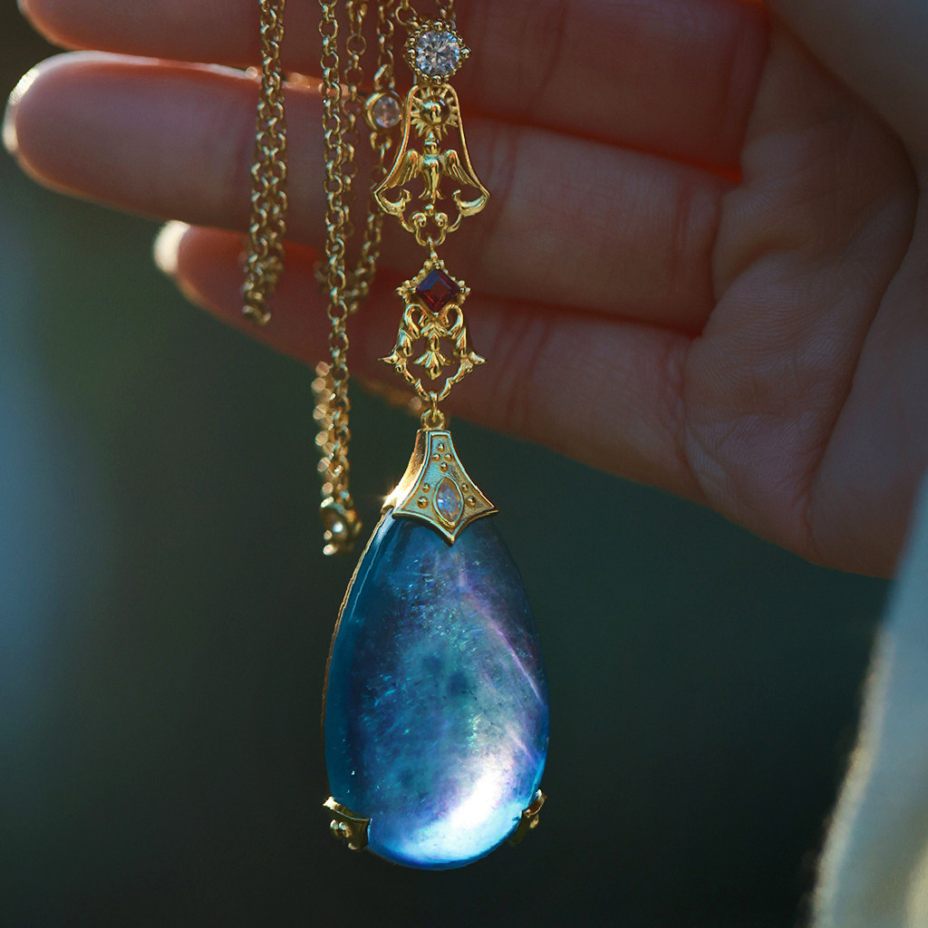 和合大仙人 原创自制哈尔项链 天然海蓝宝复古水滴吊坠S925银镀金