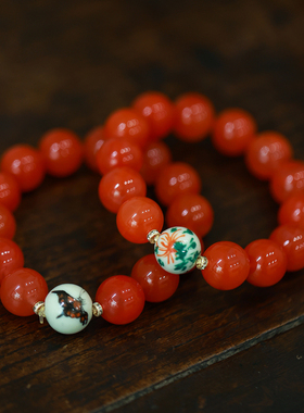 和合大仙人 特价包邮 收藏级古董粉彩手绘瓷珠 南红玛瑙手串手链