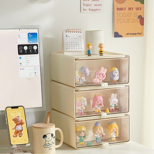 家用桌面手办收纳盒透明抽屉式整理化妆品杂物塑料防尘盲盒展示盒