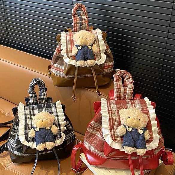 韩版ins卡通小熊双肩包女抽绳设计时尚质感百搭格纹可爱手提背包