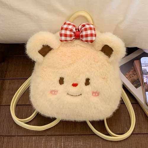 韩版ins卡通毛绒黄油小熊双肩包女小众设计可爱时尚百搭手提背包
