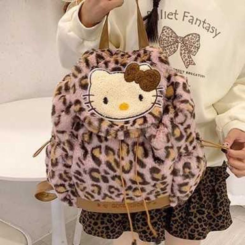 韩版ins复古豹纹凯蒂猫双肩包女小众设计毛绒百搭单肩包休闲背包