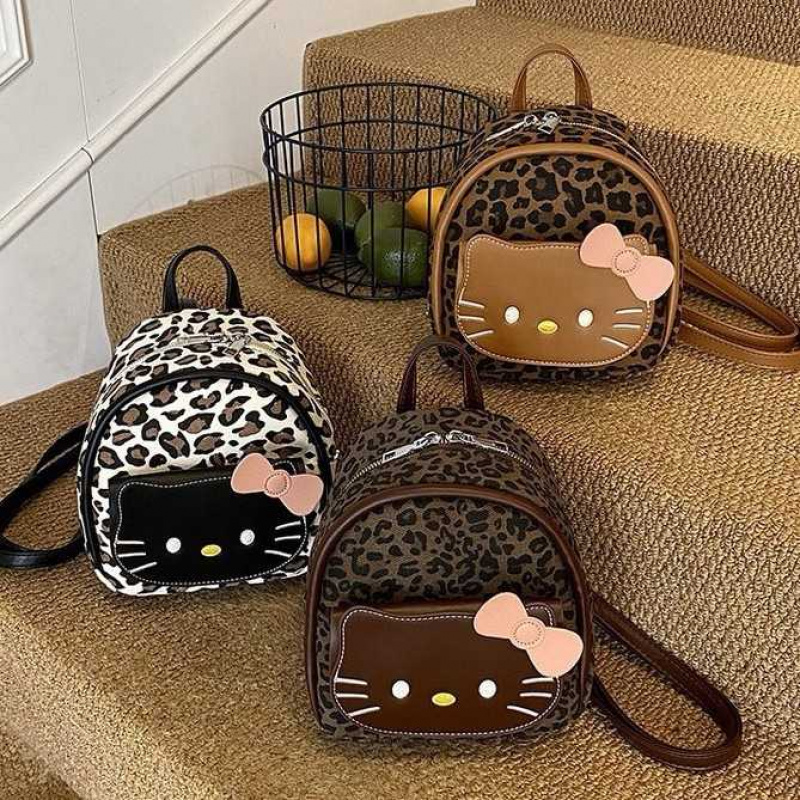 韩版复古豹纹卡通kt猫双肩包包女小众设计可爱精致单肩包休闲背包