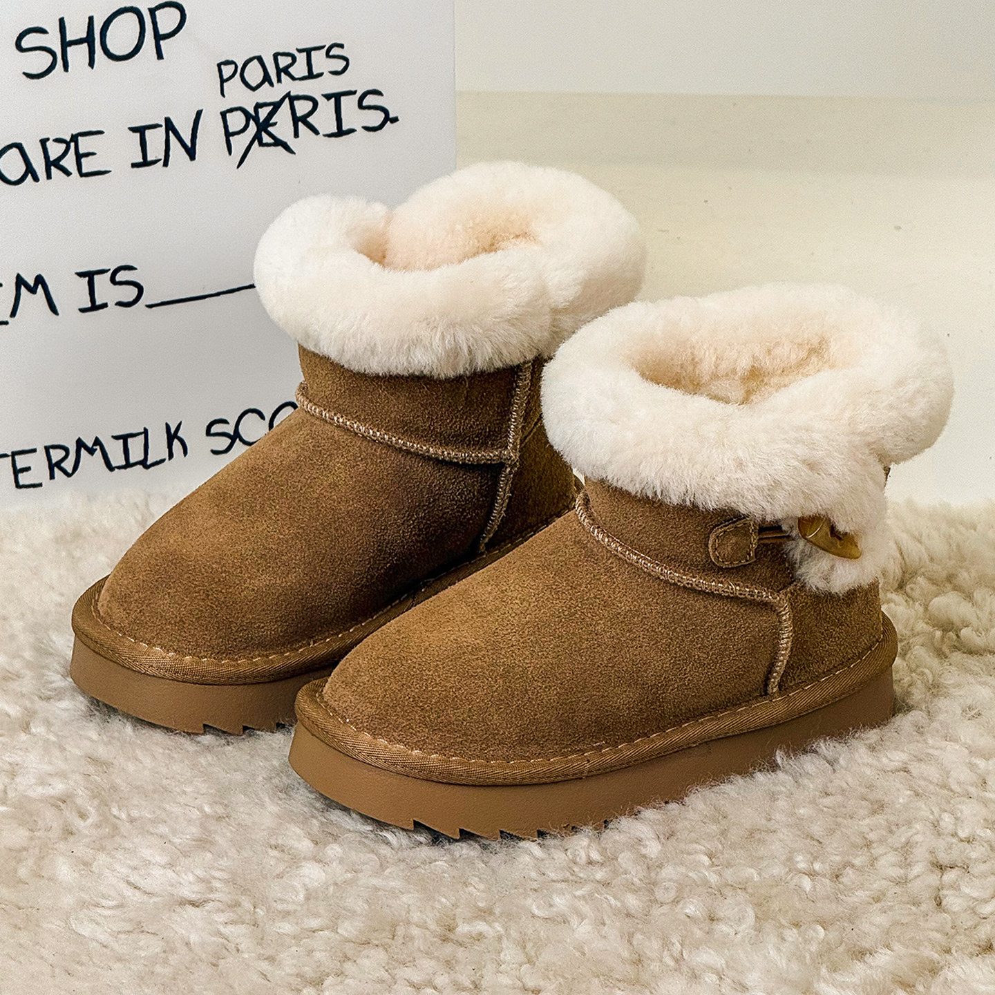 羊毛口牛角扣真皮儿童雪地靴男女童棉靴2025新款冬季加绒加厚短靴,童鞋/婴儿鞋/亲子鞋,雪地靴,淘宝优惠券,粉丝福利购,淘宝优惠卷