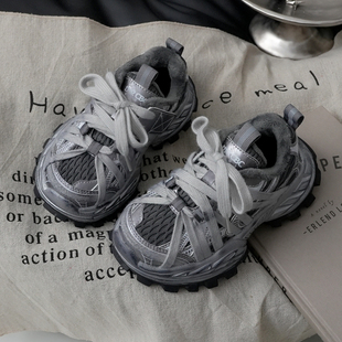 冬加绒网红男女童潮鞋 2025新款 做旧脏脏儿童运动鞋 绑带巴黎老爹鞋