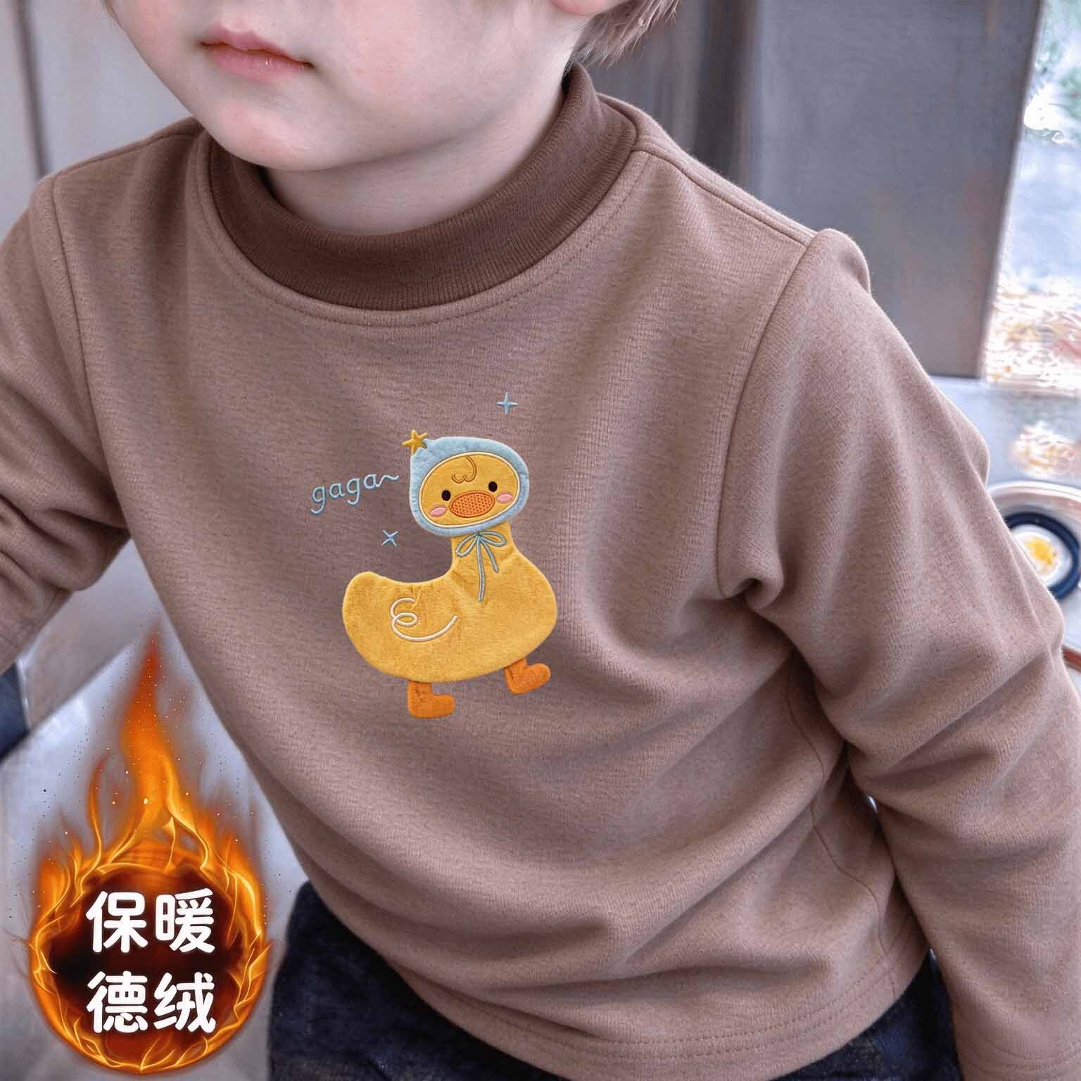 卡通秋冬季双面德绒百搭长袖t恤半高领男童加厚款保暖打底上衣潮t