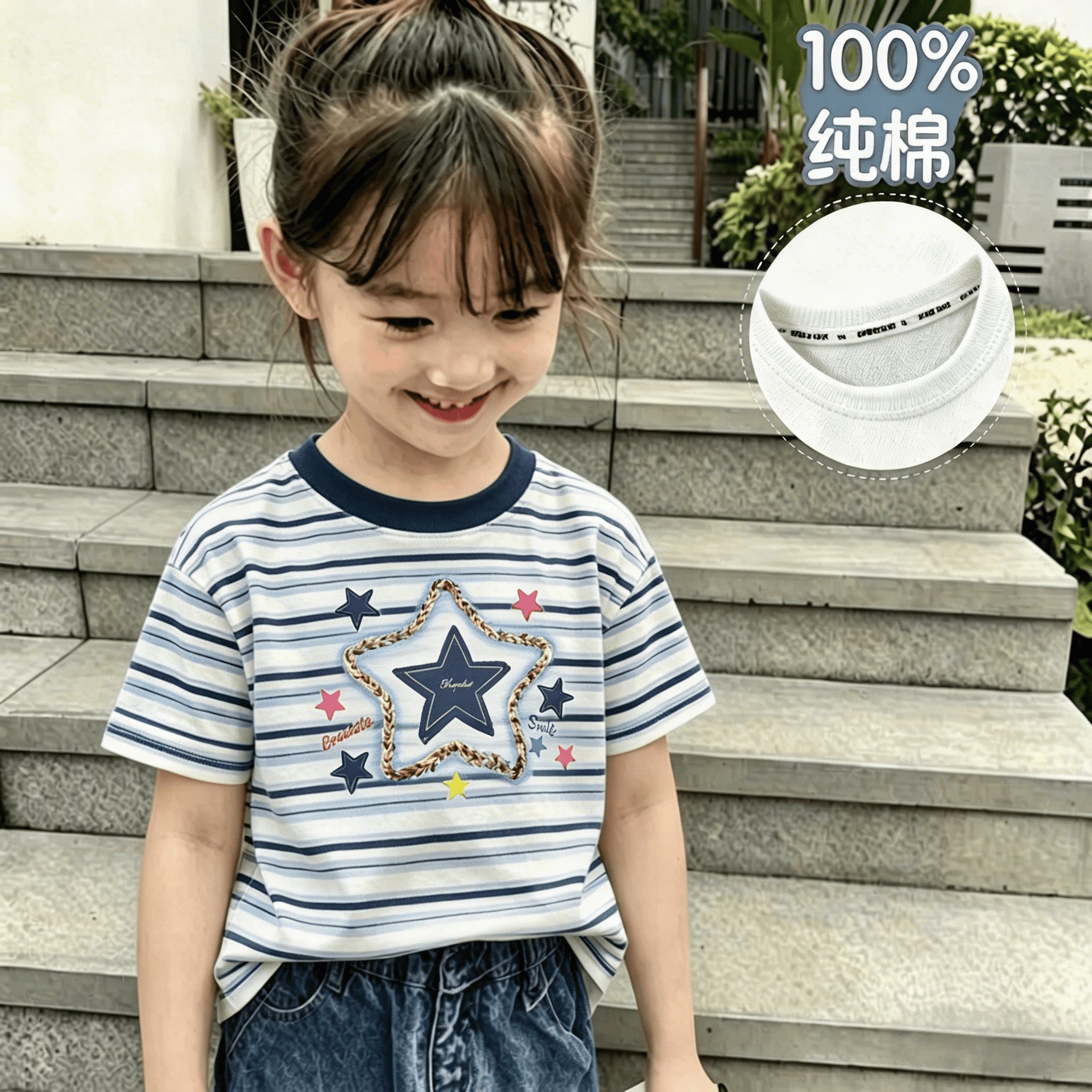 100%纯棉女童短袖T恤夏季新款中小儿童可爱条纹拼色印花轻薄上衣