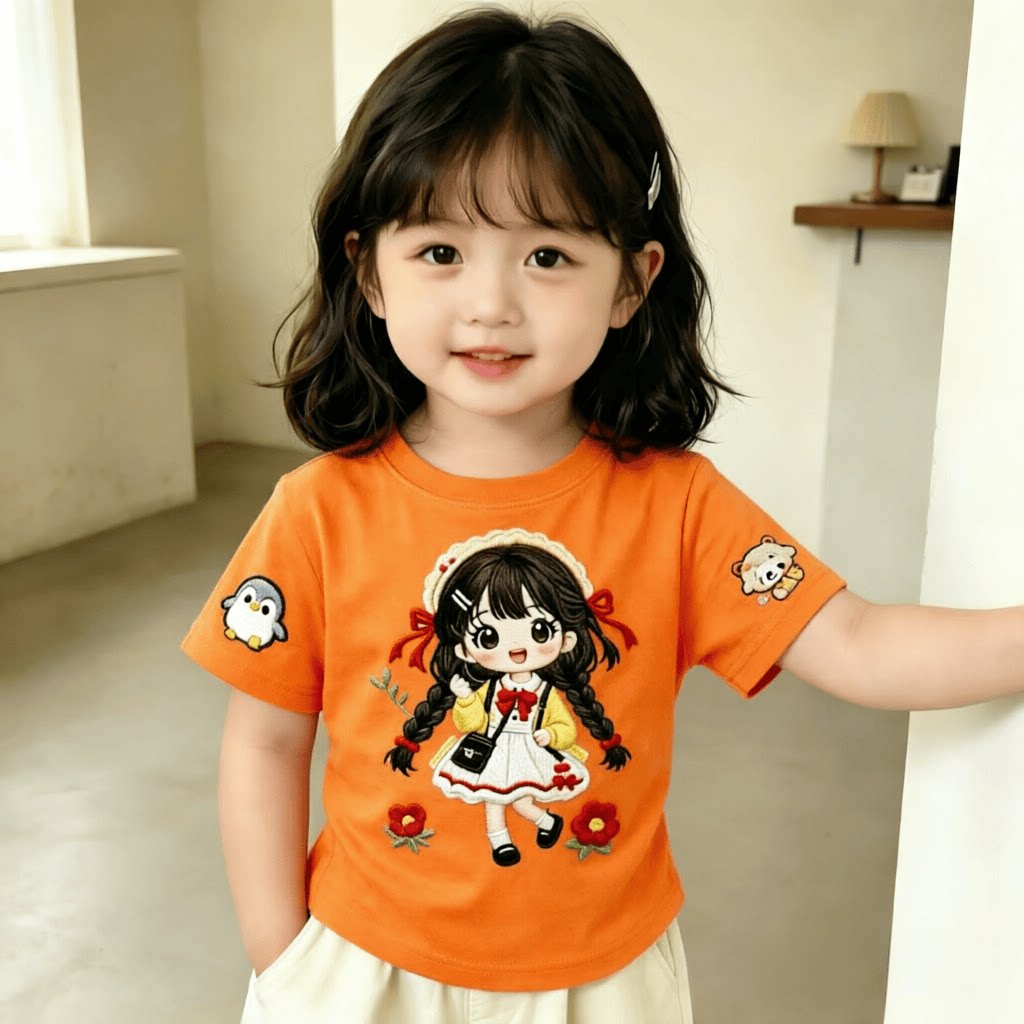 纯棉女童短袖多巴胺风格儿童T恤卡通花辫少女夏季甜美中小童上衣t