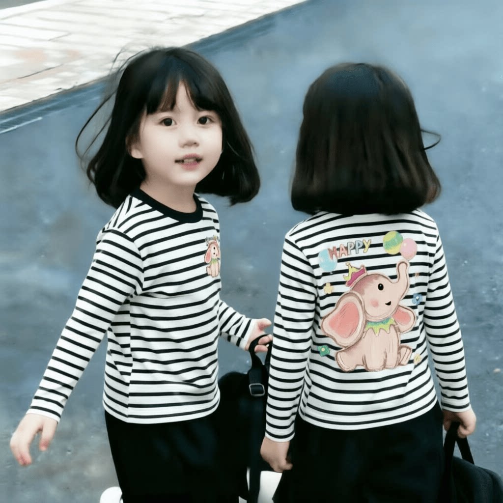 女童春秋纯棉条纹长袖小众卡通粉色小象套头衫宝宝韩版新风尚T恤