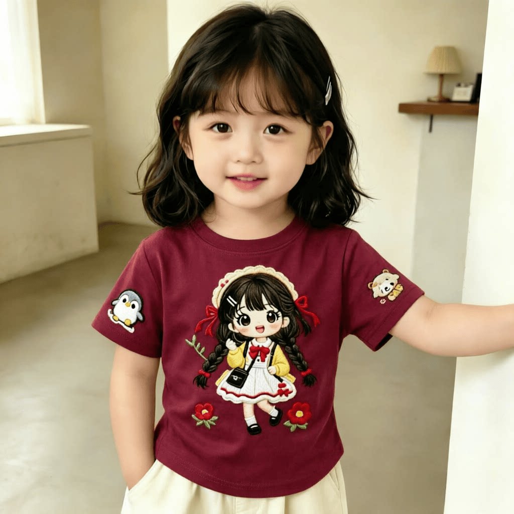 纯棉女童短袖多巴胺风格儿童T恤卡通花辫少女夏季甜美中小童上衣t