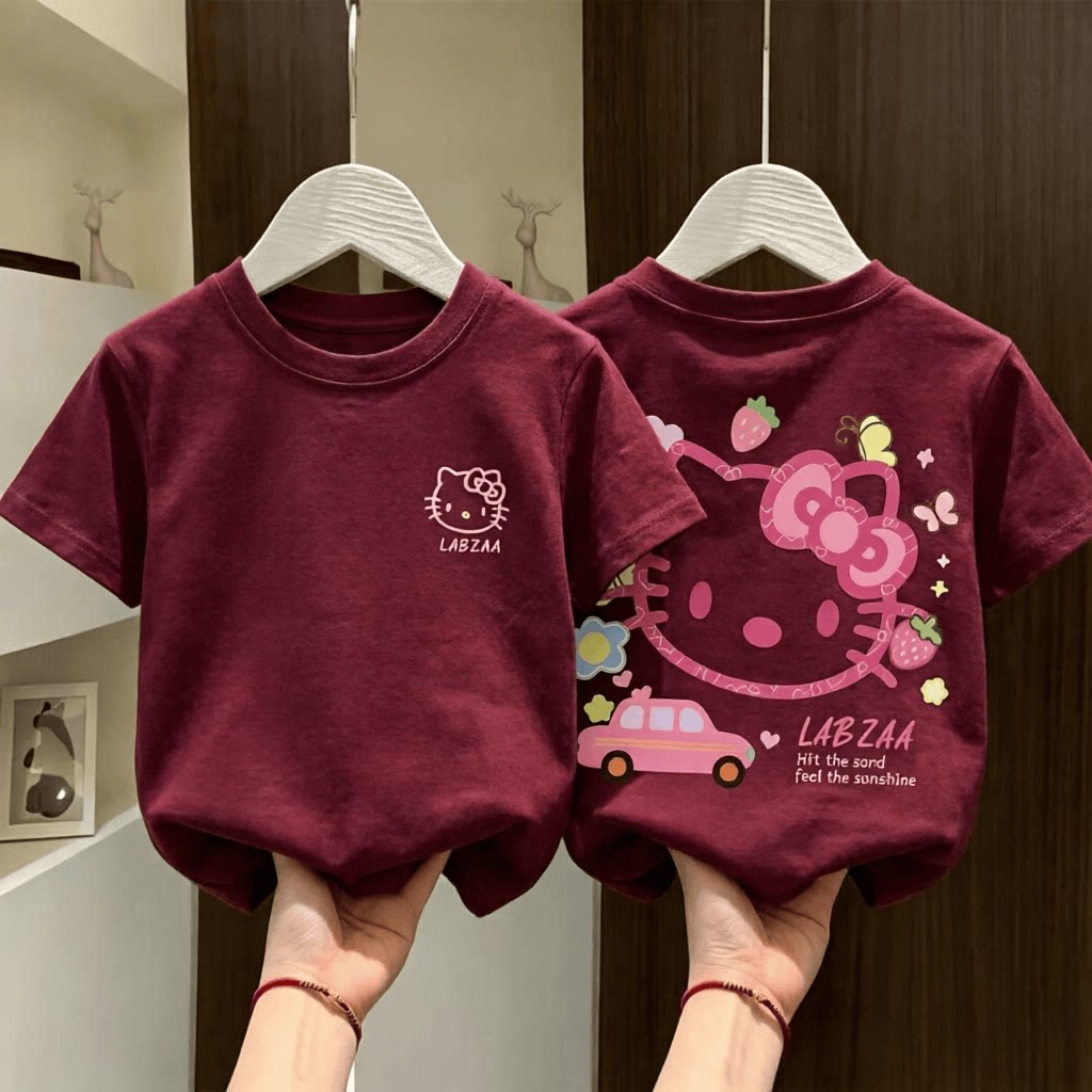 纯棉女童宝宝透气短袖圆领中小儿童卡通印花休闲舒适半袖T恤上衣