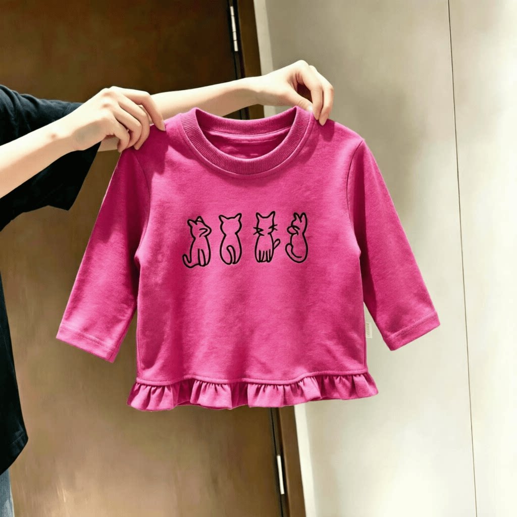 中小童长袖T恤女童春秋款洋气荷叶花边下摆洋气上衣儿童舒适上衣t