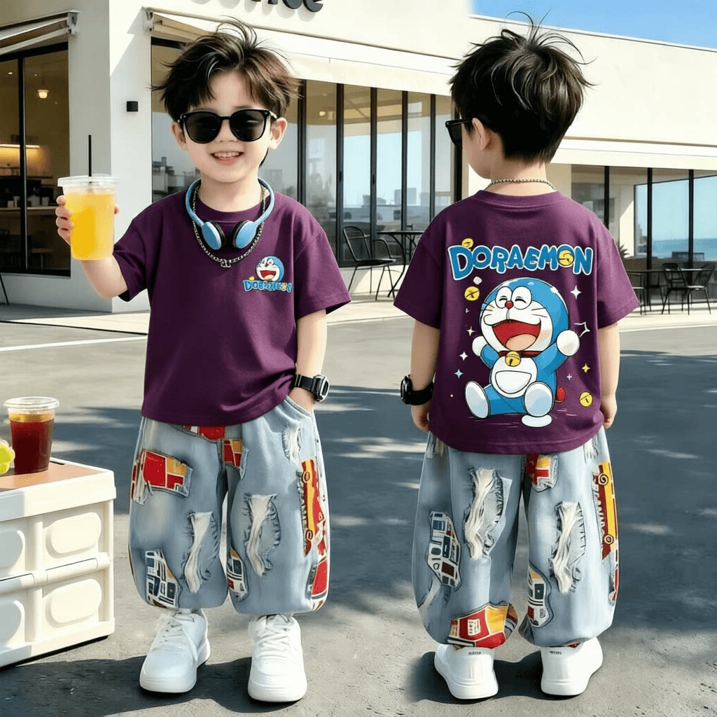 卡通叮当猫短袖男童新款T恤夏季潮酷风中小童印花小众新风尚上衣t