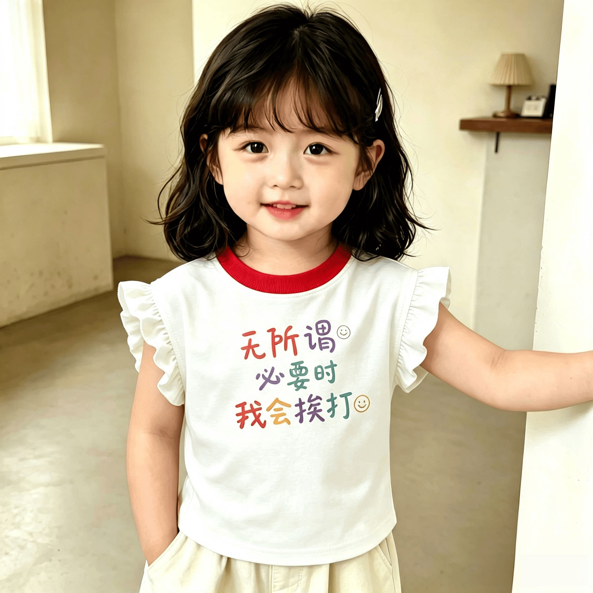 纯棉趣味女童无袖皱褶t恤夏季新款中小童女宝速干荷叶袖洋气上衣t