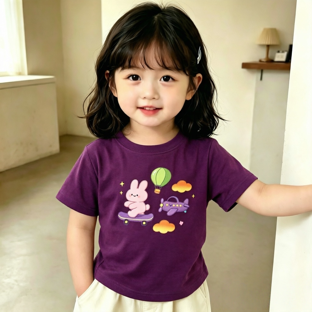 女孩短袖2026新款纯棉卡通兔子滑板图案夏季儿童T恤潮流个性上衣t