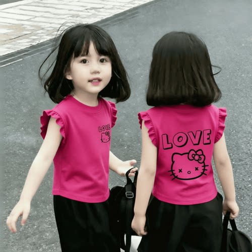 新款纯棉女孩印花飞袖儿童T恤背心中小童学院夏季设计感甜辣上衣
