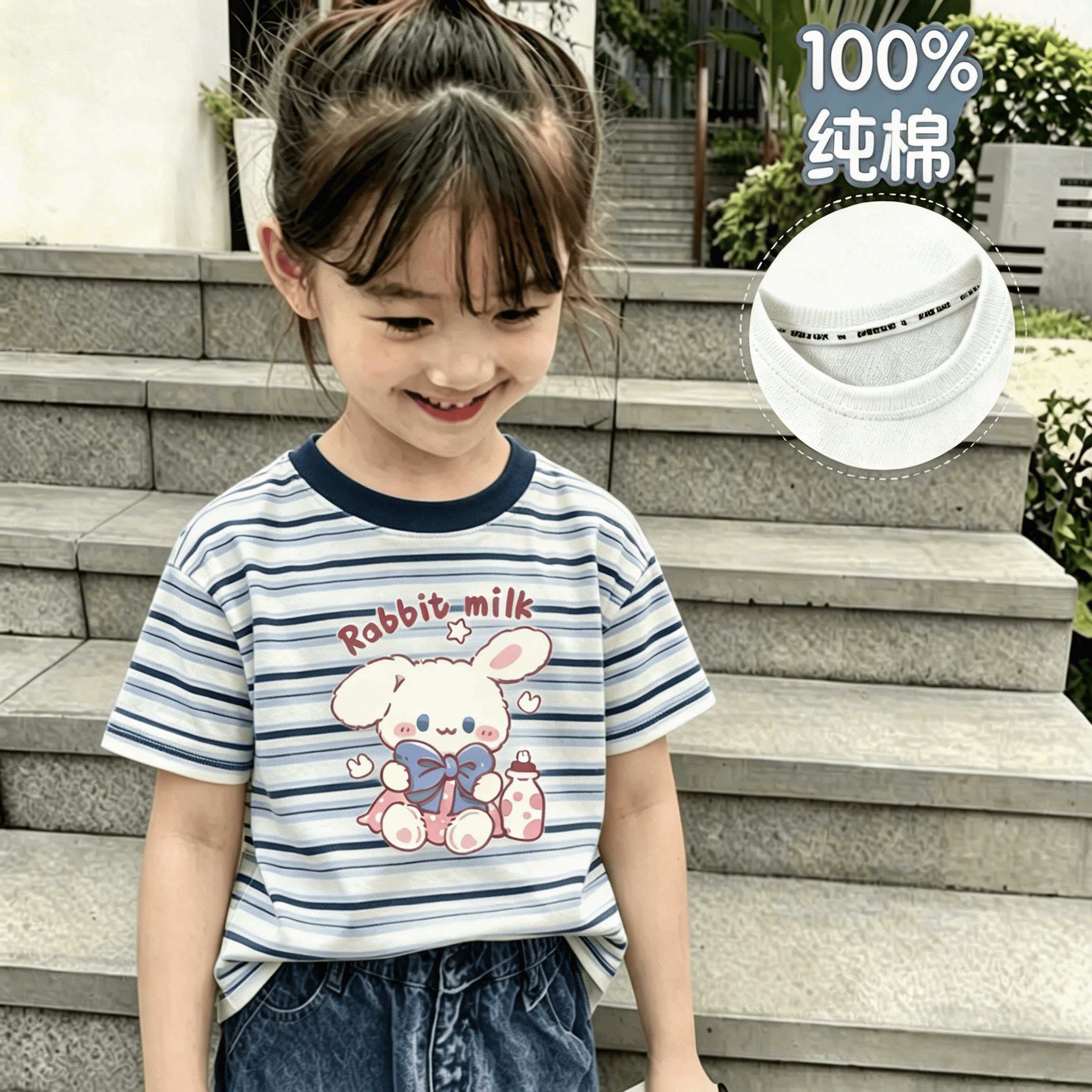 100%纯棉女童短袖T恤夏季新款中小儿童可爱条纹拼色休闲轻薄上衣