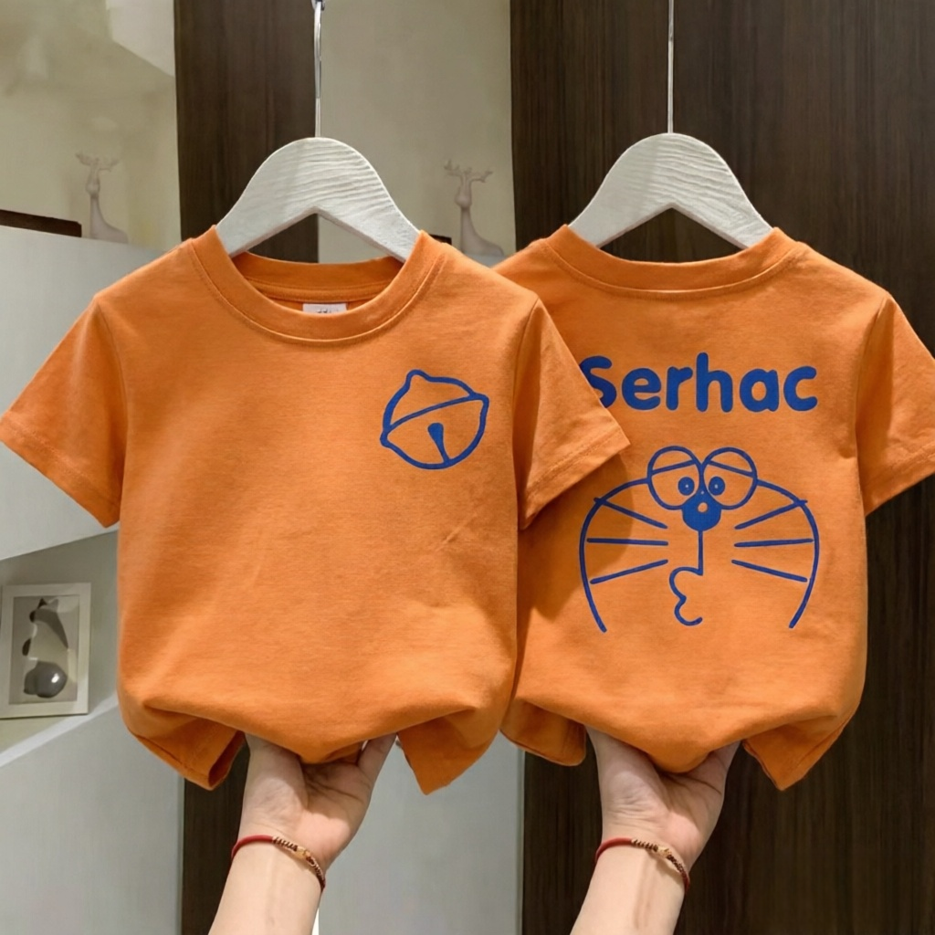 纯棉男童女童简约透气短袖上衣圆领中小儿童卡通哆啦A梦叮当猫T恤