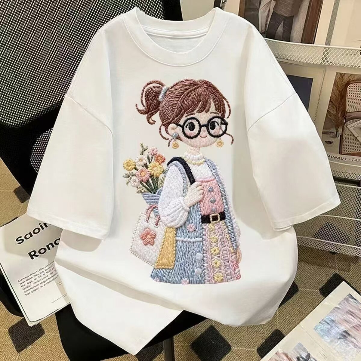夏季学院风仿刺绣女孩印花新款亲子装纯棉短袖t恤中小童韩版上衣