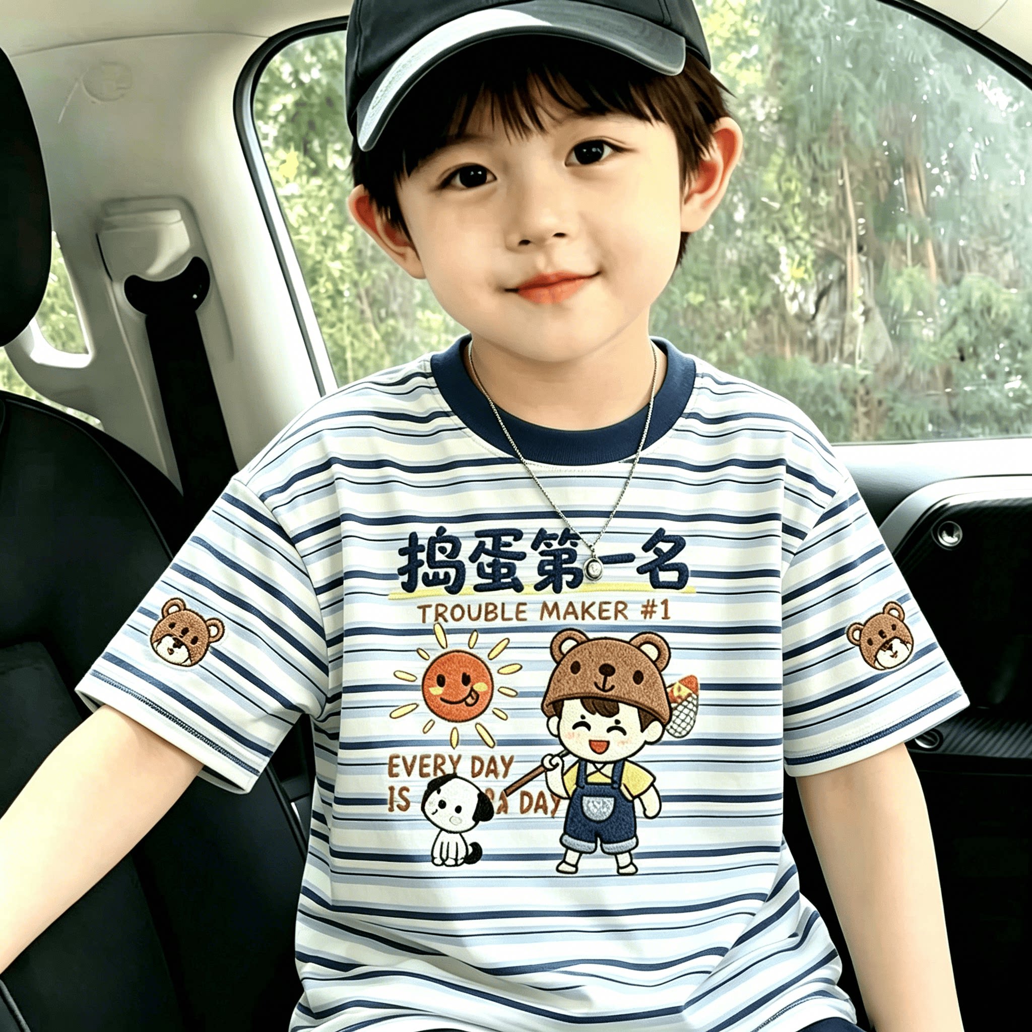 蓝白条纹夏季新款100%纯棉儿童短袖T恤男童可爱卡通印花薄款上衣
