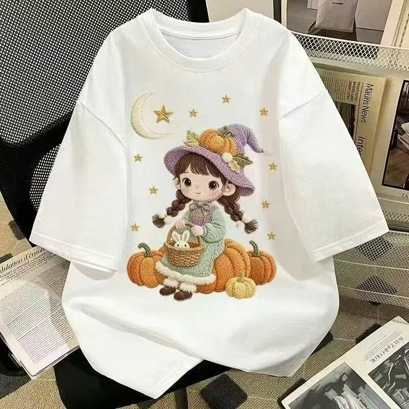 夏季学院风仿刺绣女孩印花新款亲子装纯棉短袖t恤中小童半袖上衣