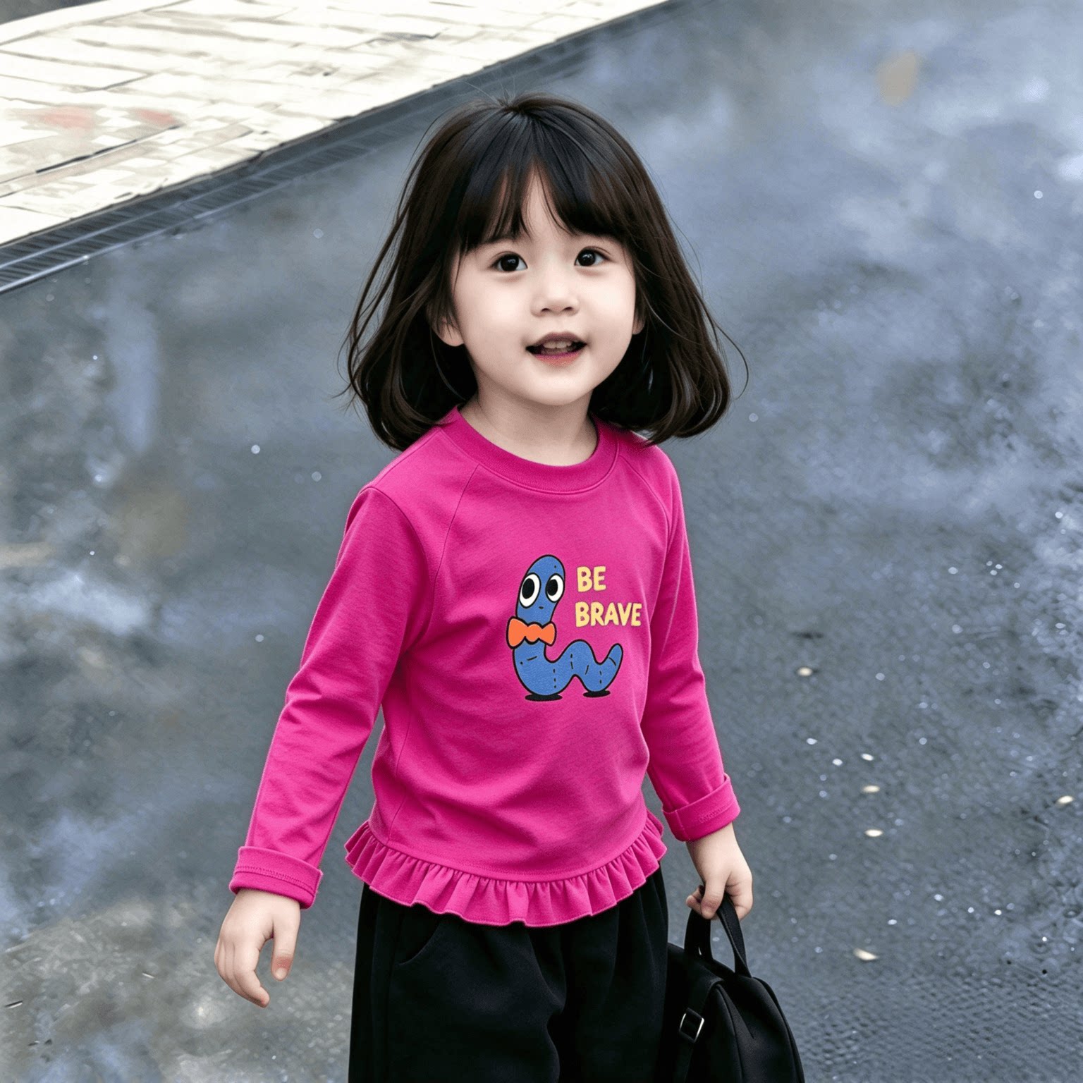 小众春秋装女童2026春季新款T恤打底衫上衣长袖荷叶花边下摆百搭t