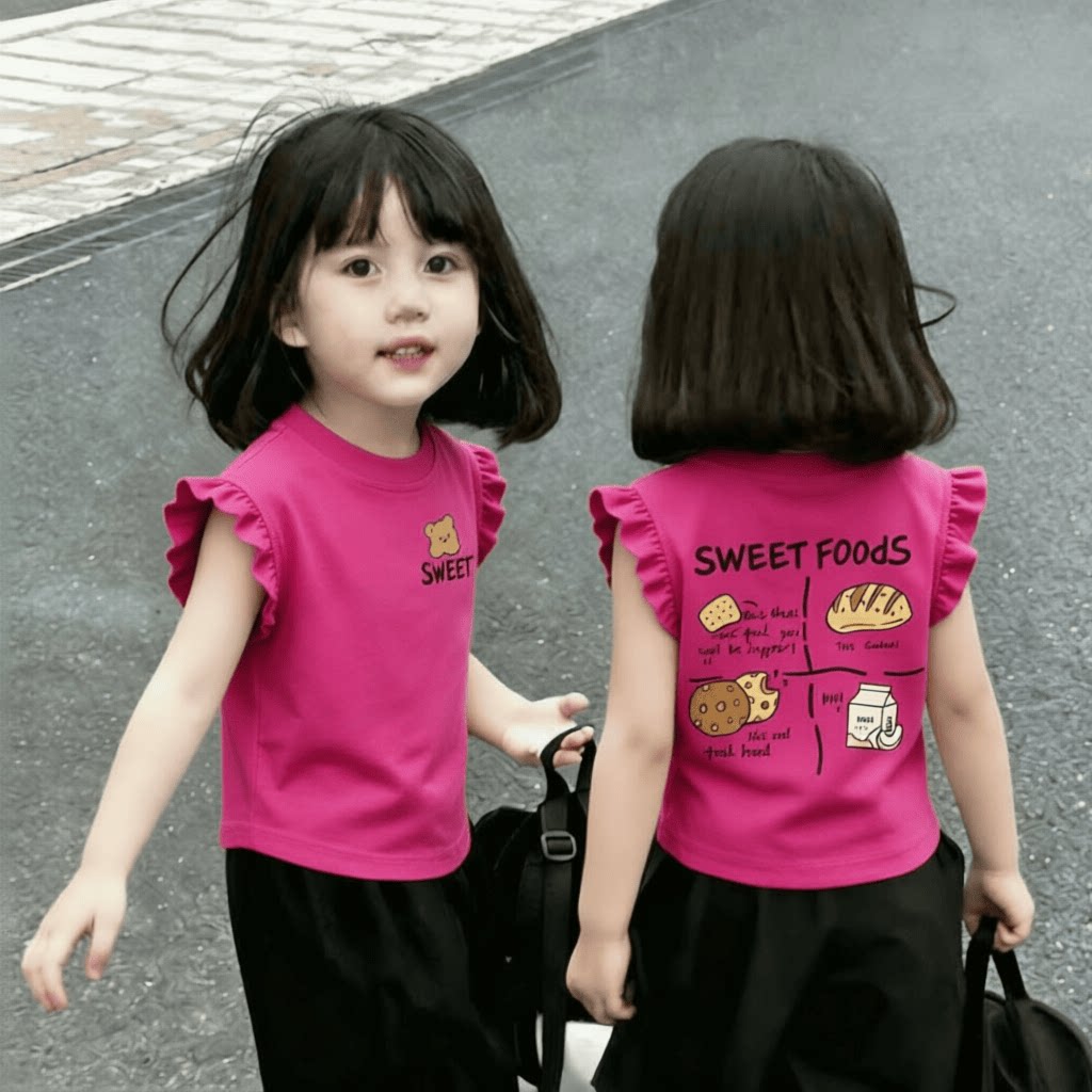 新款纯棉女孩印花飞袖儿童T恤背心中小童学院夏季设计感清新上衣