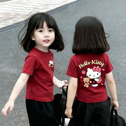 2026新款甜美可爱风女童夏季短袖T恤宽松上衣打底卡通可爱kitty猫