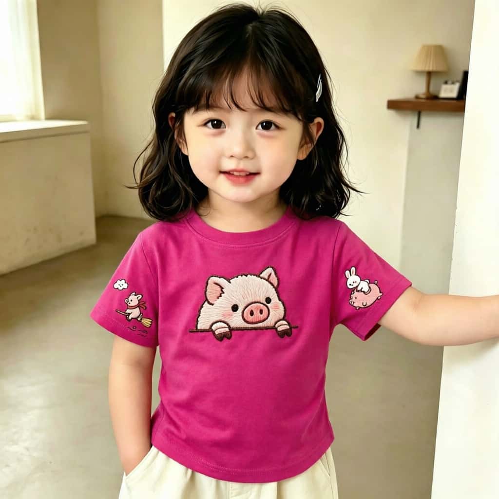 女孩子短袖纯棉2026卡通小粉猪图案新款夏季儿童T恤时尚炸街上衣t
